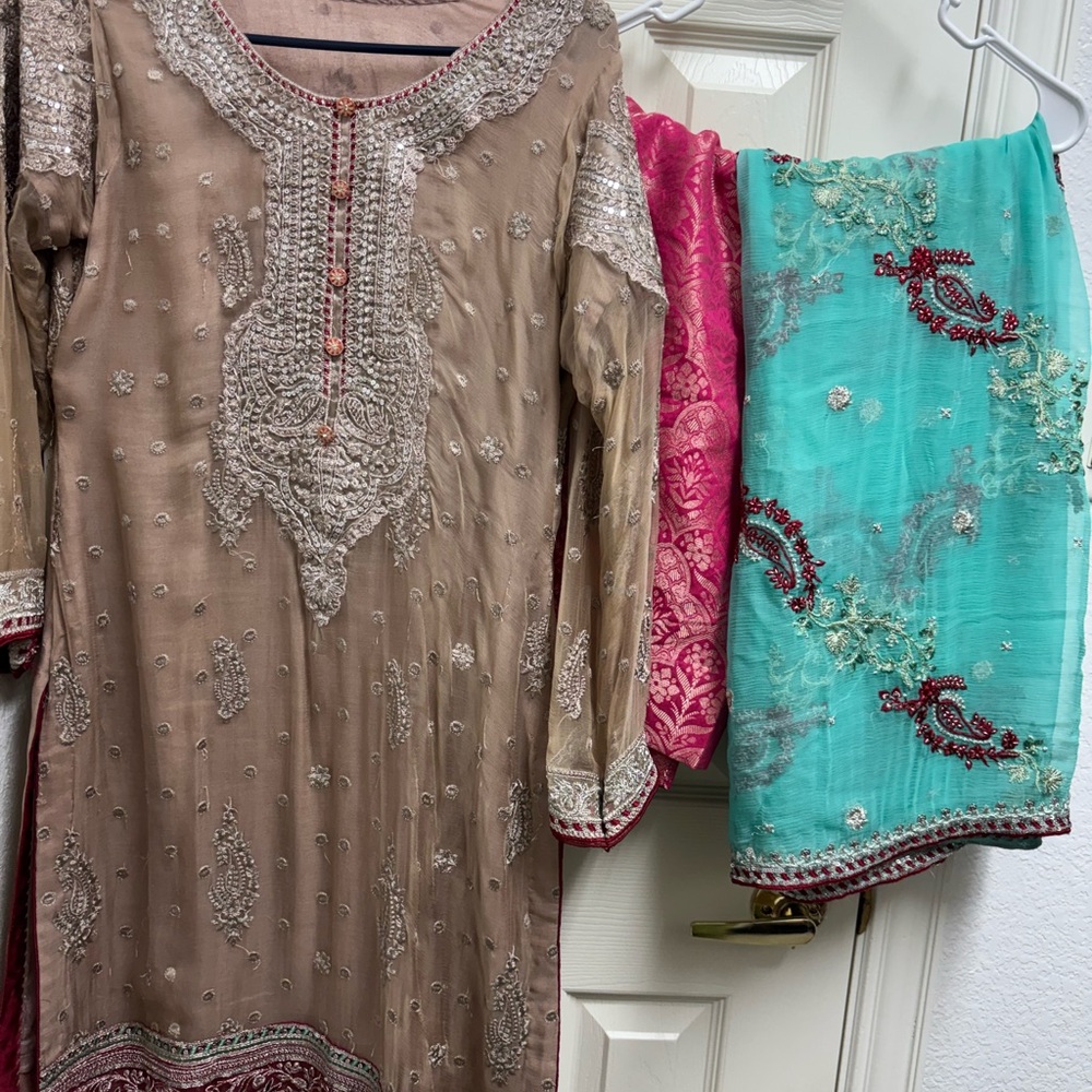 Elegant Embroidered Brown and Teal Outfit